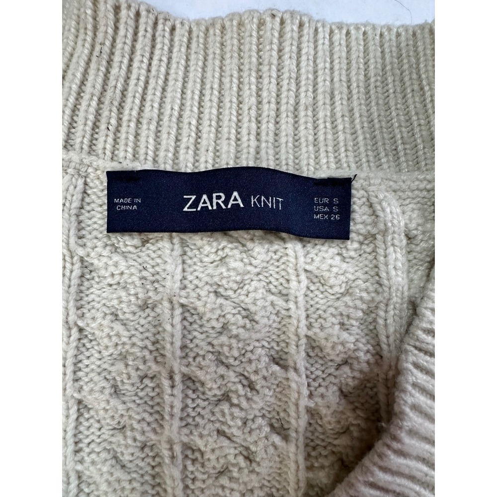 Zara Knit Womens Small Cream Beige Cable Knit V-Neck Oversized Sweater Pullover - Picture 4 of 8